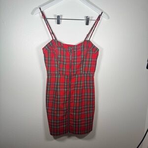 Forever 21 Womens Small Red Plaid Tartan Mini Dress O Ring Zip Front Punk Y2K